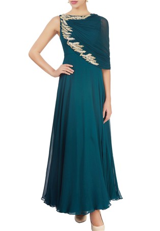 green georgette emerald draped gown