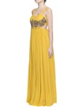yellow crepe gown with metal embroidery
