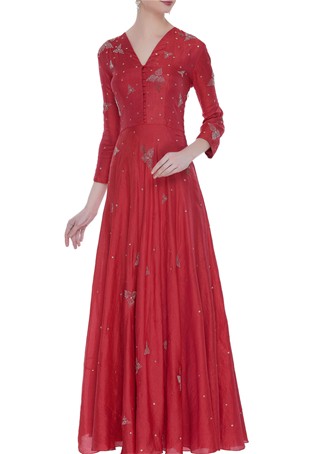 red silk flared embroidered floor length gown