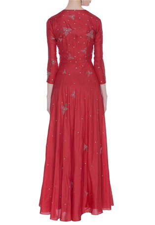 red silk flared embroidered floor length gown