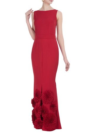 red heavy crepe flower motif long gown with back bow