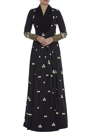 black twill anarkali jacket style embroidered gown