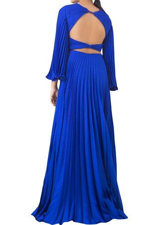 blue satin pleated gown