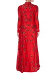 satin red high collar gown with shiny bead detailing