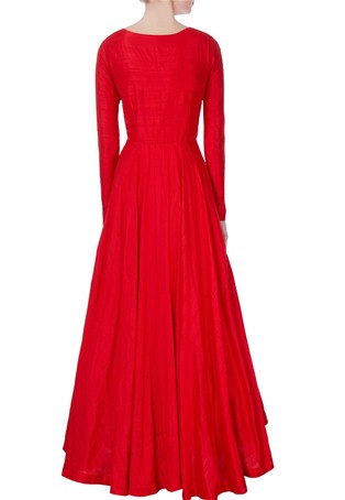 silk red flared embroidered gown