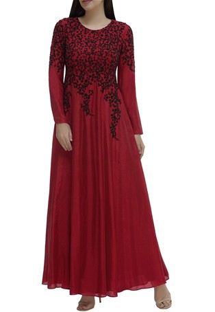 maroon embroidered gown