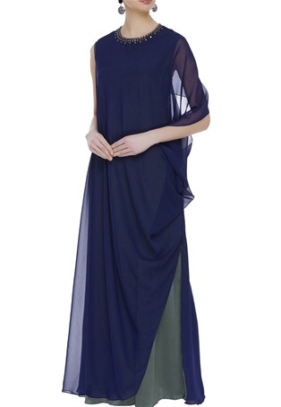 blue draped gown with embellished neckline