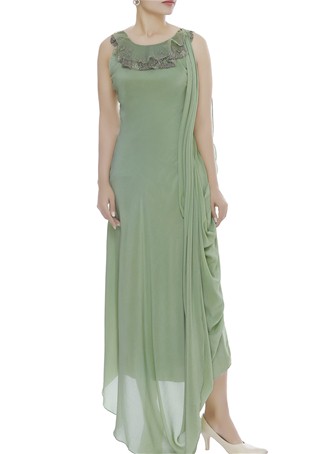 teal green draped dress