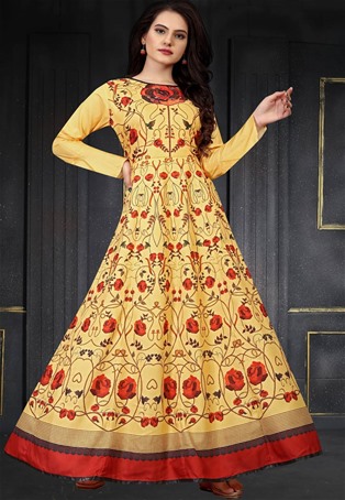 yellow masli silk designer gown