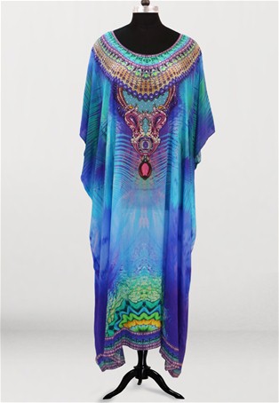 turquoise and blue round neck printed long kaftan