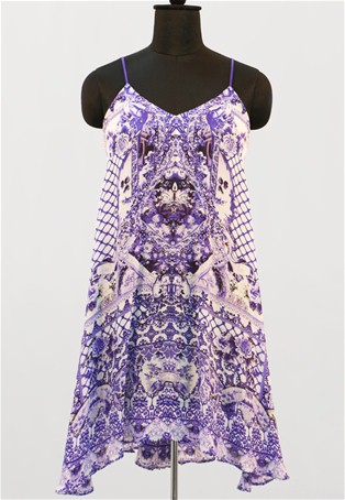 white and purple printed shoe string top