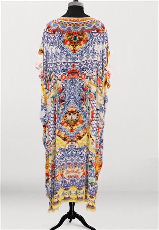white and blue round neck printed long kaftan