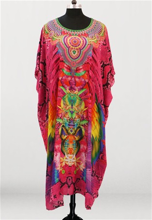 colorful forest round neck printed long kaftan