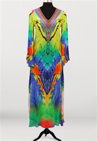 multi feathered v neck printed long dress