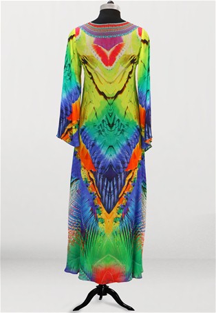 multi feathered v neck printed long dress