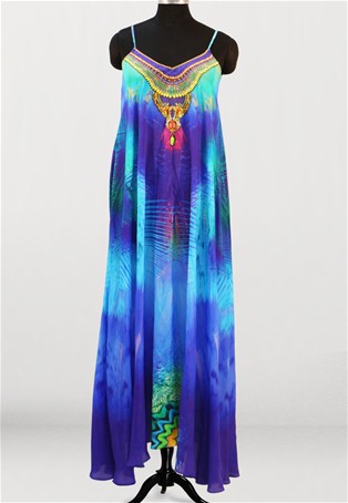 blue and turquoise v neck printed long dress