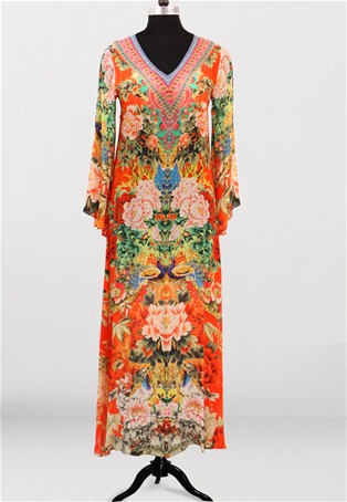 Chinese Flower V Neck Printed Dress