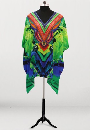 peacock feathered v neck printed short kaftan