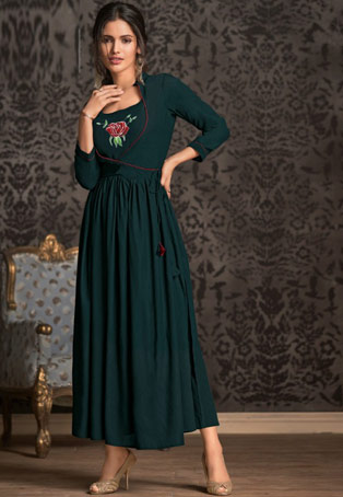dark green rayon embroidery party wear kurti