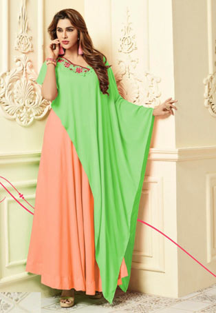 orange,green designer rayon long kurtis