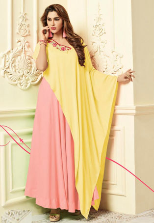 yellow,pink designer rayon long kurtis