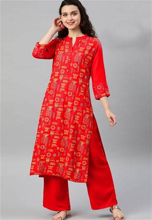 red rayon party wear kurti with bottom