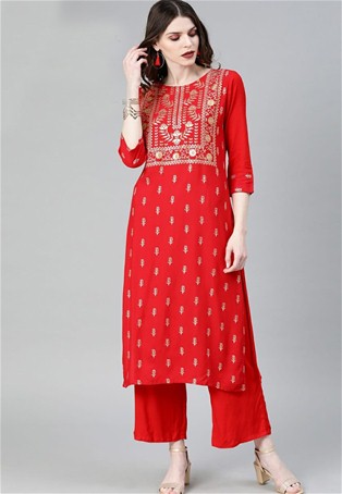 red rayon party wear kurti with bottom
