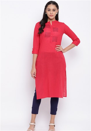slub cotton casual wear kurti in tomato pink color