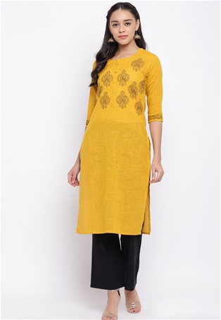 slub cotton casual wear kurti in yellow color