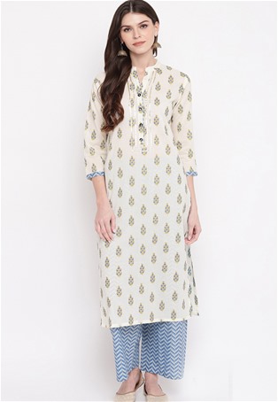 cotton casual wear kurti with bottom in off white color