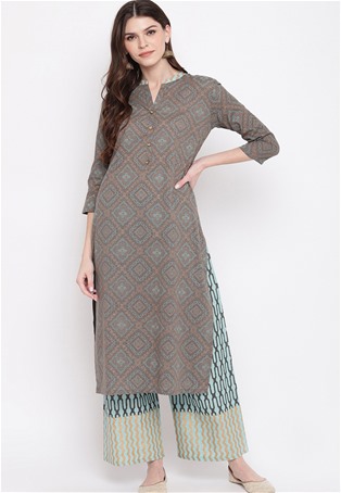 cotton casual wear kurti with bottom in dark grey color