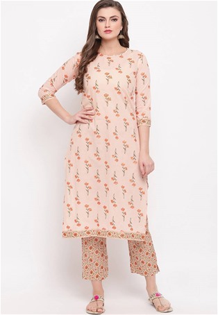 cotton casual wear kurti with bottom in peach color