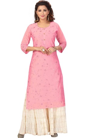 pink chanderi readymade kurti with bottom
