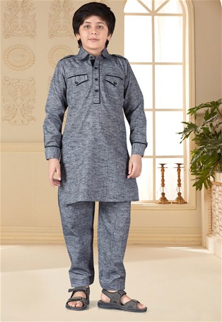 grey cotton silk traditional boys kurta and pajama