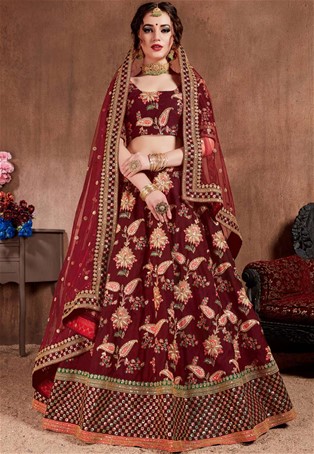dark maroon silk designer bridal lehenga choli