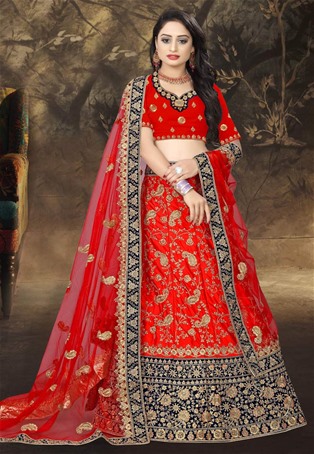 red satin wedding designer lehenga choli