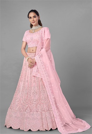 pink soft net wedding lehenga choli