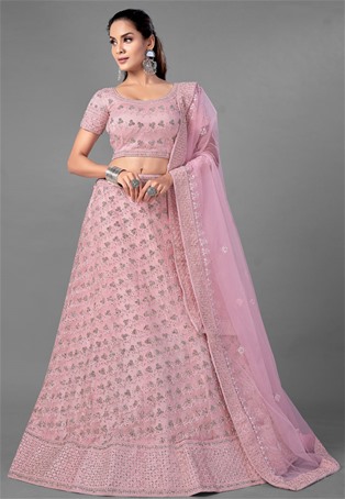 pink soft net wedding lehenga choli
