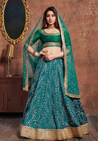 turquoise art silk wedding lehenga choli