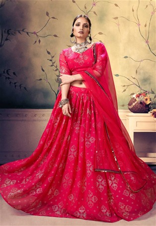 pinkish red georgette wedding designer lehenga choli