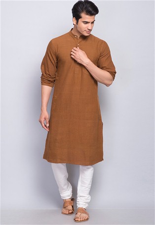 light brown cotton full sleeves chinese collar fitted kurta