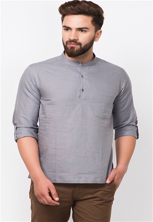 grey linen cotton rollup sleeves super short kurta
