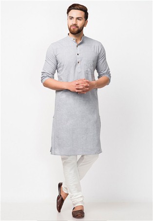 light grey cotton full sleeves fitted long kurta