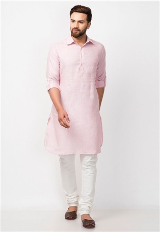 light pink linen delave rollup sleeves pathani kurta