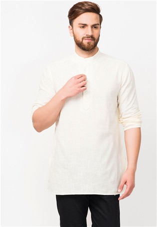 off-white cotton slub lucknavi short kurta