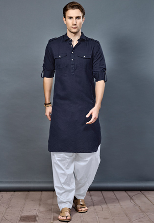 navy blue cotton pathani kurta