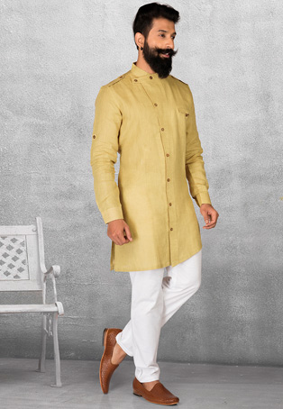 light yellow linen designer kurta