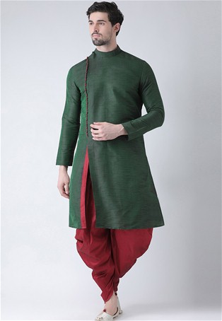 bottle green dupion silk angrakha style kurta with dhoti style
