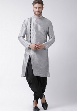 grey dupion silk angrakha style kurta with dhoti style