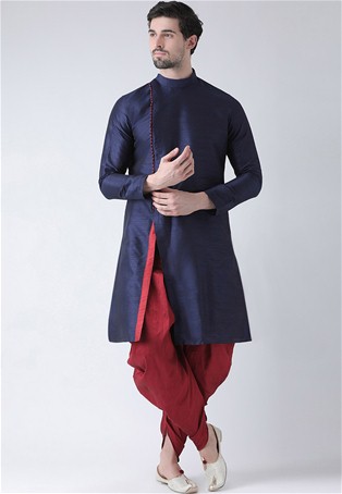 navy blue dupion silk angrakha style kurta with dhoti style